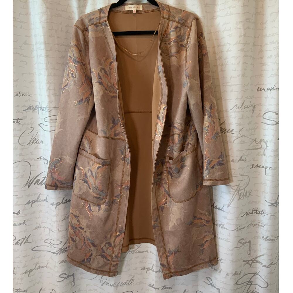 Solitaire Anthropologie XL Tan Vegan Suede Duster Coat Boho Floral Gold Detail